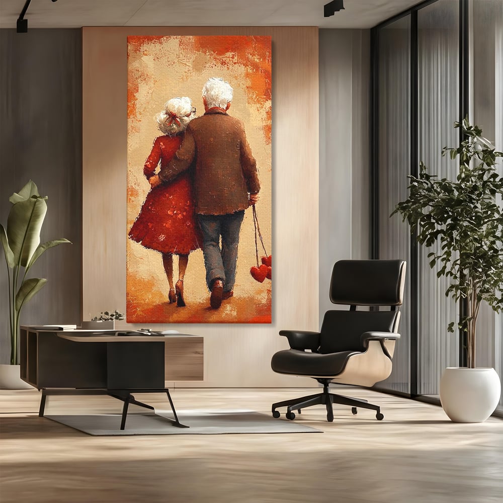 Tablou canvas cu pictura cu un cuplu in varsta imbratisat, fara rama, pe sasiu de lemn, pe perete intr-un birou